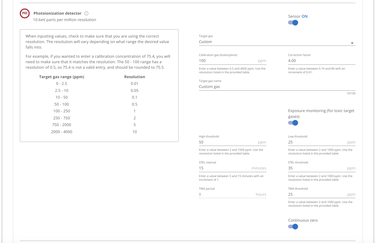 Setting up PID sensors with correction factors